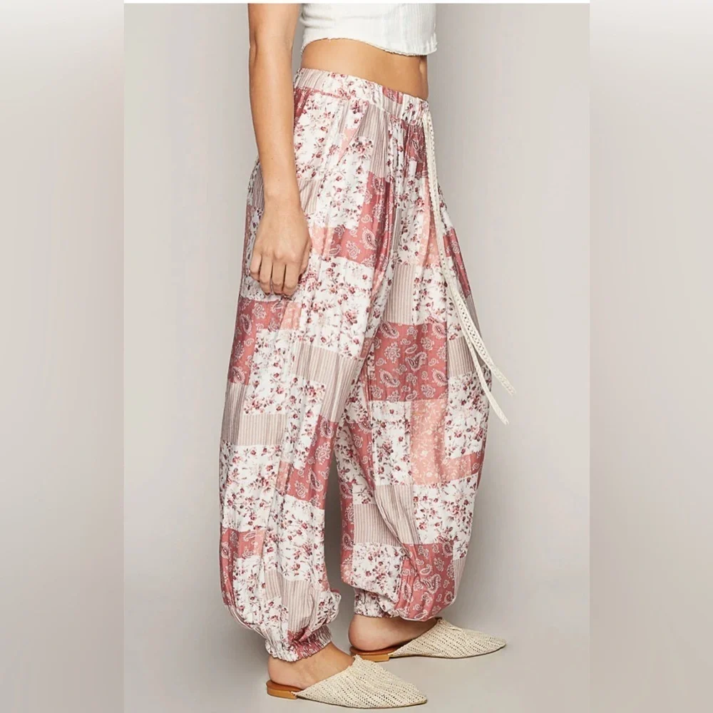 POL Pink Patchwork Joggers in Rose Multi Print 🌸💗 Lightweight, Cozy & Comfy 🌸💗